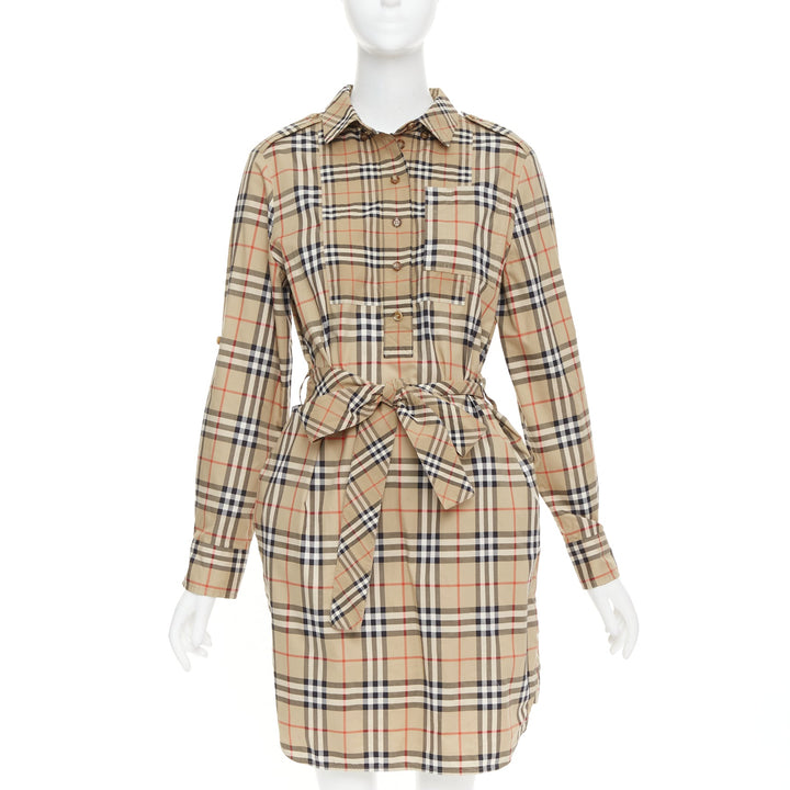 BURBERRY Archive Beige Vintage Check cotton button down belt shirt dress UK10 S