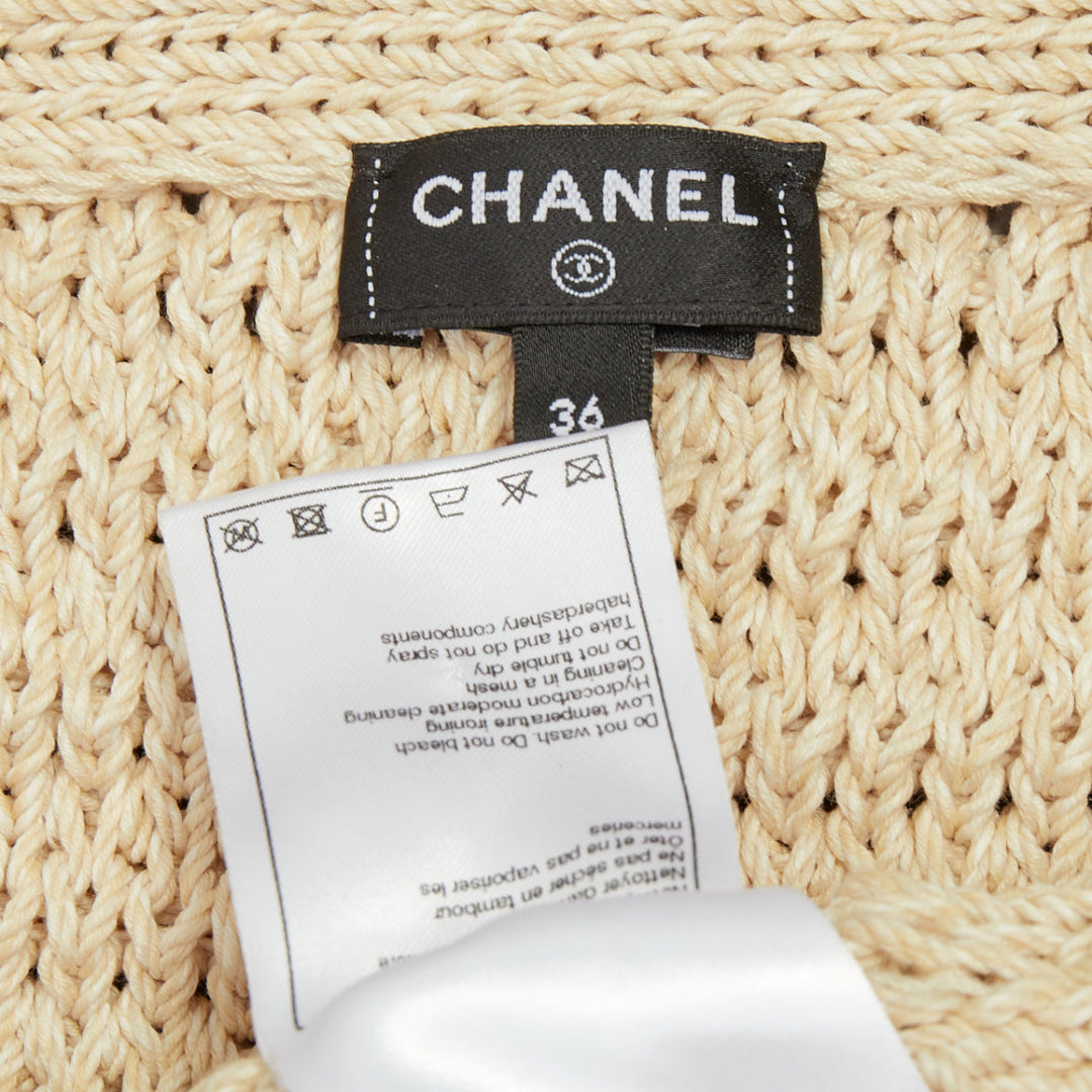 CHANEL 25C Runway garter stitch boat neck oat beige cropped knit top FR36 S