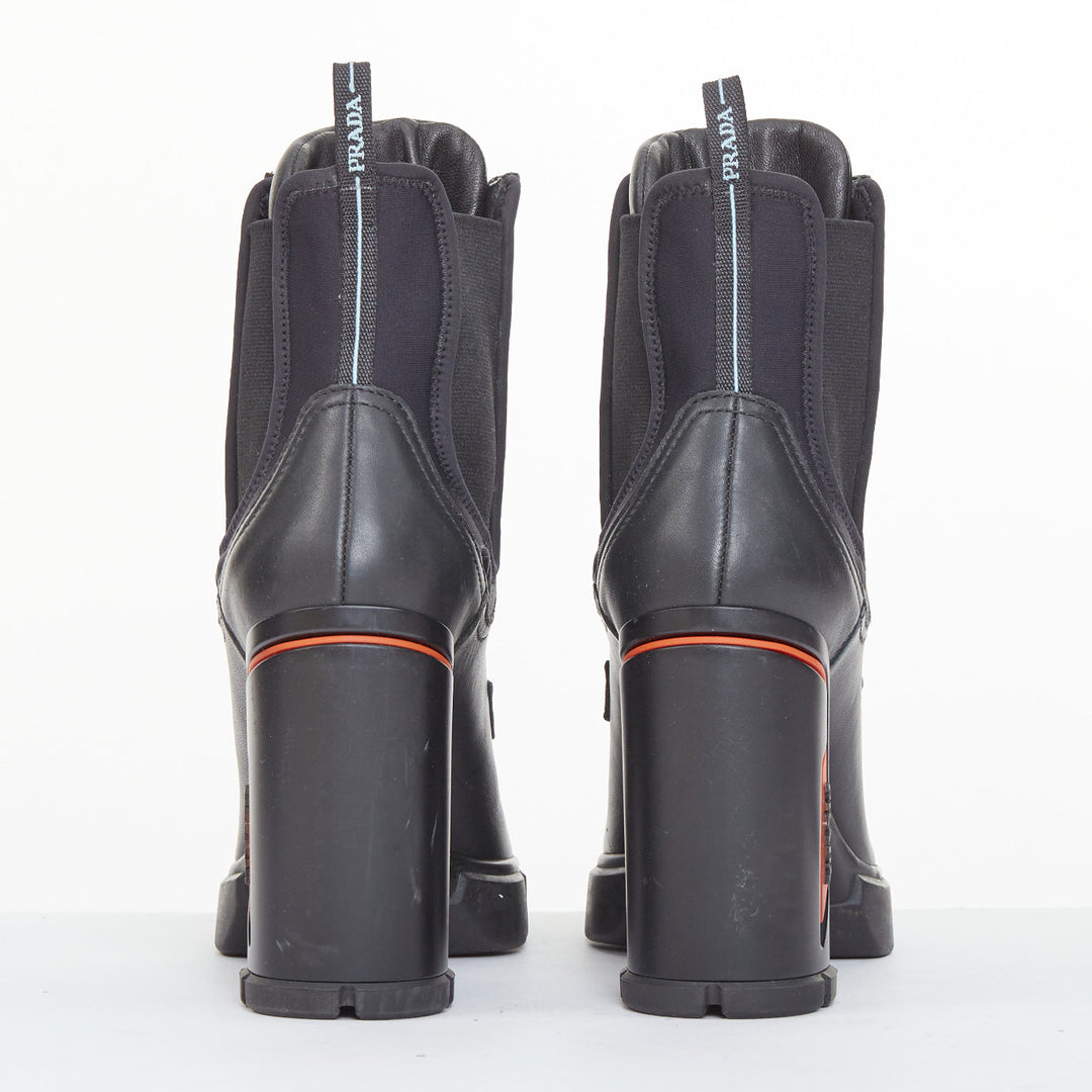 PRADA 2018 Runway black leather neoprene orange accent chunky heel boots EU37