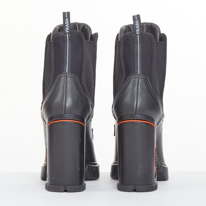 PRADA 2018 Runway black leather neoprene orange accent chunky heel boots EU37