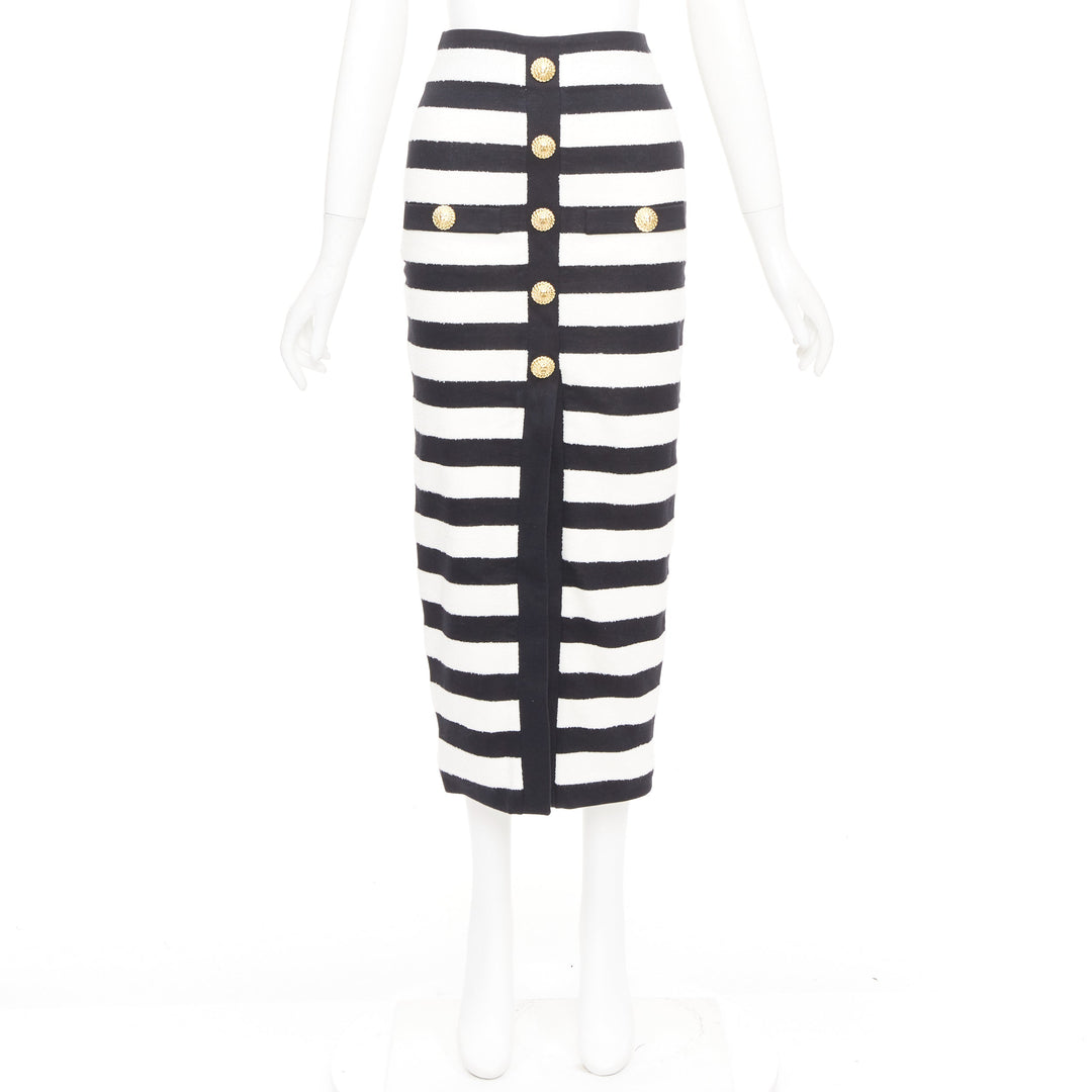 BALMAIN 2024 stripe two tone lion button front high waist knit  skirt FR34 XS