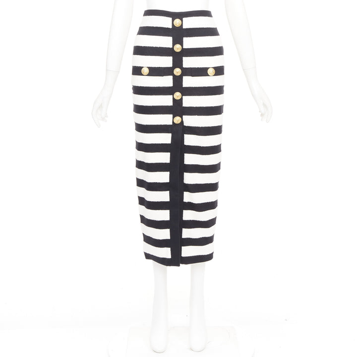 BALMAIN 2024 stripe two tone lion button front high waist knit  skirt FR34 XS