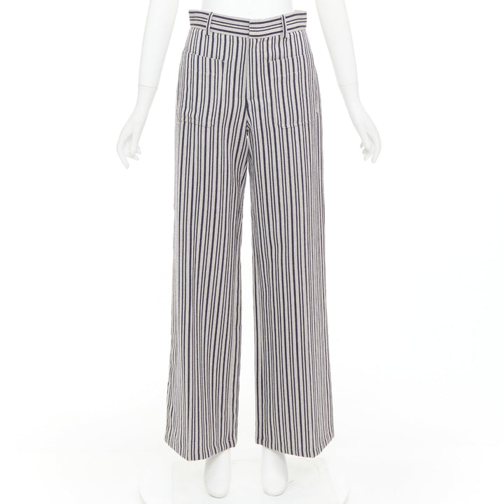 CHRISTIAN DIOR grey navy virgin wool high waisted striped wide leg pants FR36 S