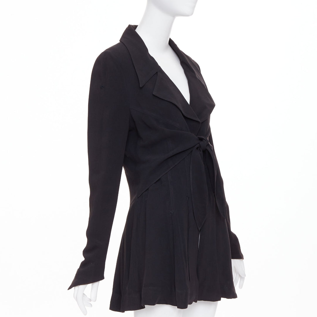 KARL LAGERFELD Vintage black tie front pleated hem wool crepe coat FR44 2XL