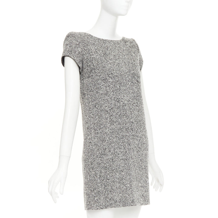 SAINT LAURENT 2013 grey boucle wool tweed silk padded shoulder dress FR36 S