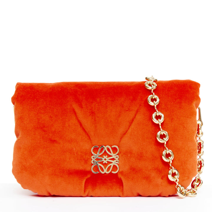 LOEWE Mini Goya Puffer coral red orange velvet gold chain puffer cushion bag