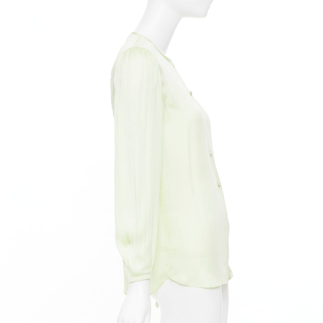 GIVENCHY pale lime green collarless covered button gathered silk blouse FR34 XS