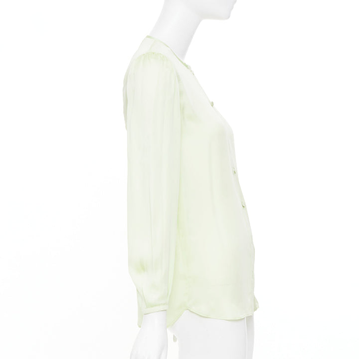 GIVENCHY pale lime green collarless covered button gathered silk blouse FR34 XS