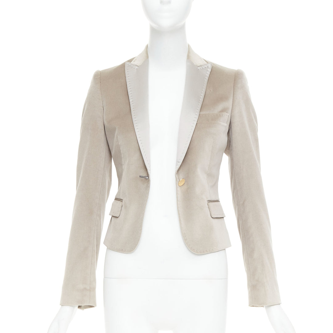 DOLCE GABBANA beige velvet satin peak lapel cropped tux blazer IT36 XXS