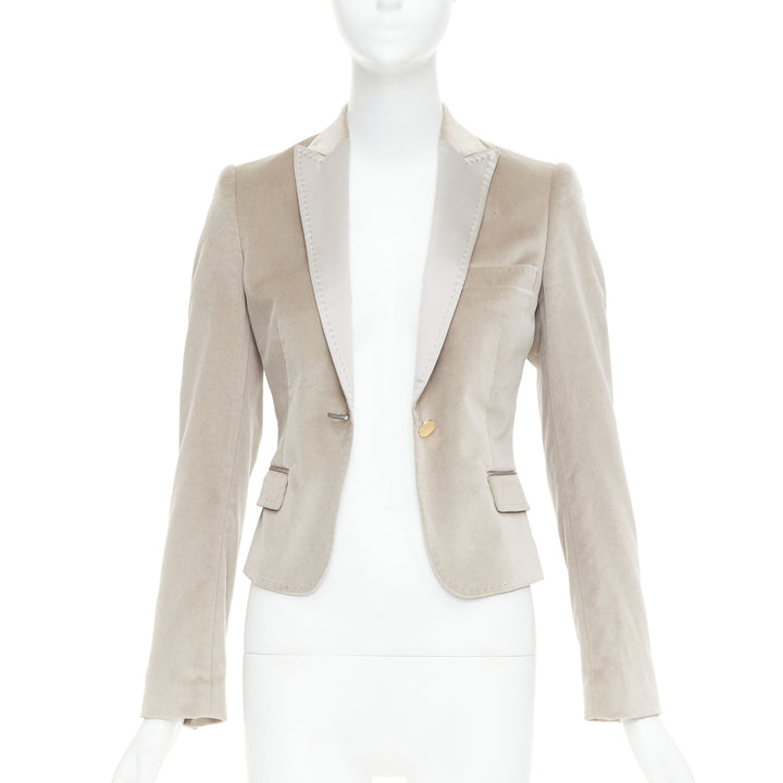 DOLCE GABBANA beige velvet satin peak lapel cropped tux blazer IT36 XXS