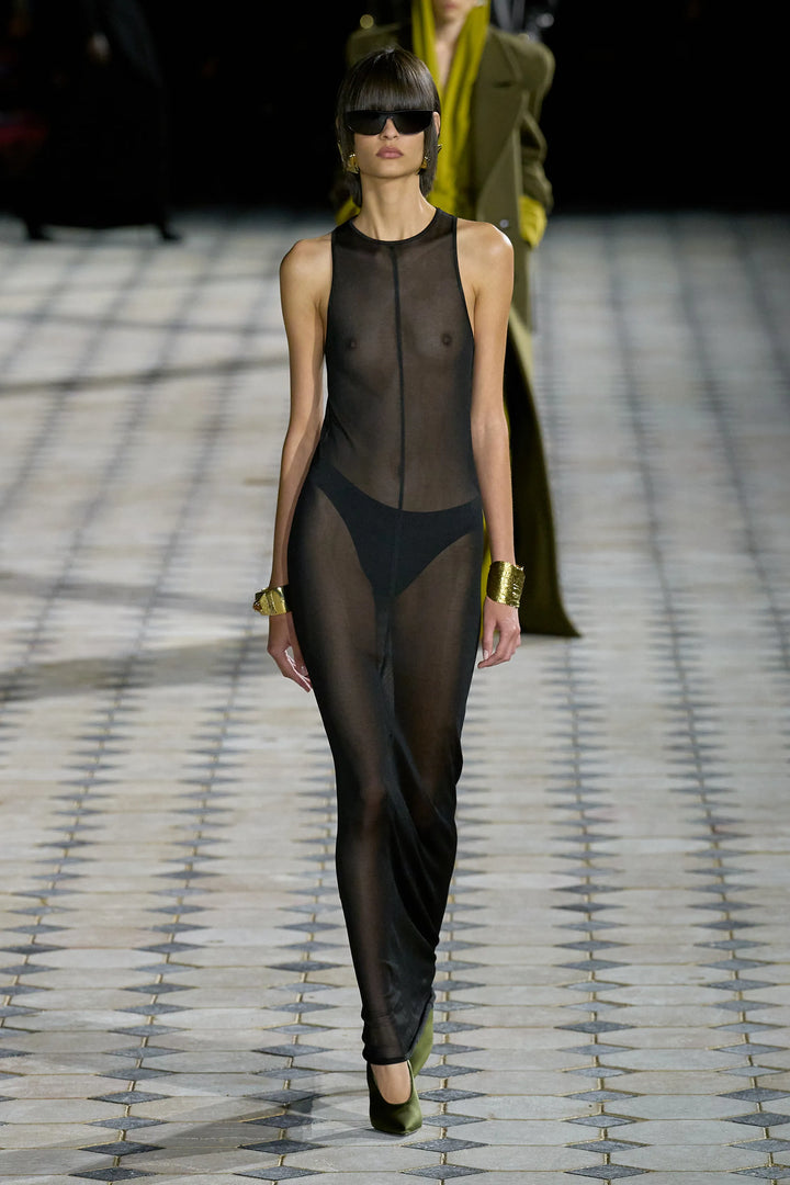 SAINT LAURENT 2023 Runway black slinky viscose semi sheer knit maxi tank dress S