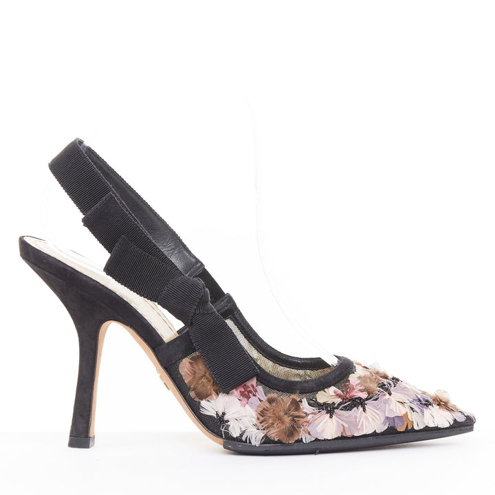 CHRISTIAN DIOR 2021 J'Adior black technical mesh 3D chiffon floral pumps EU37D