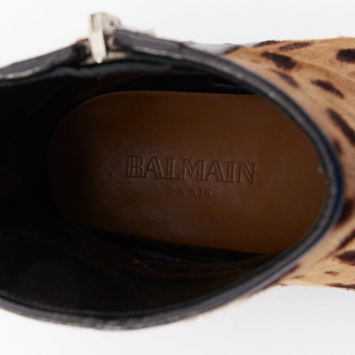 BALMAIN 2015 leopard print calf hair leather side zip classic ankle boots EU43