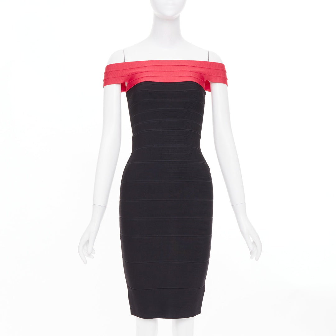 HERVE LEGER red colorblock off shoulder bandage bodycon cocktail dress XXS