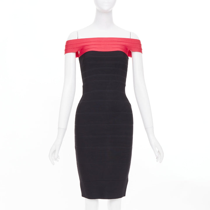 HERVE LEGER red colorblock off shoulder bandage bodycon cocktail dress XXS