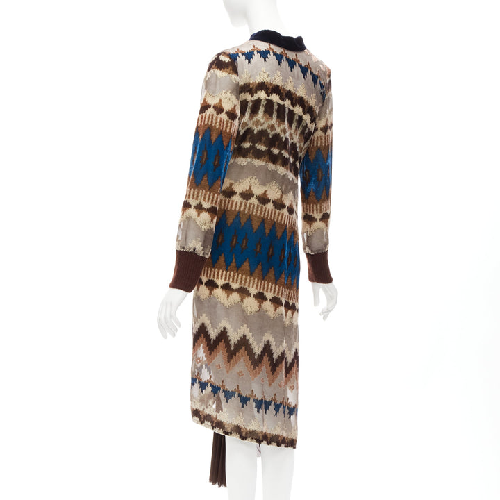 SACAI 2020 brown blue ethnic sheer devore zip pleat midi dress JP1 S