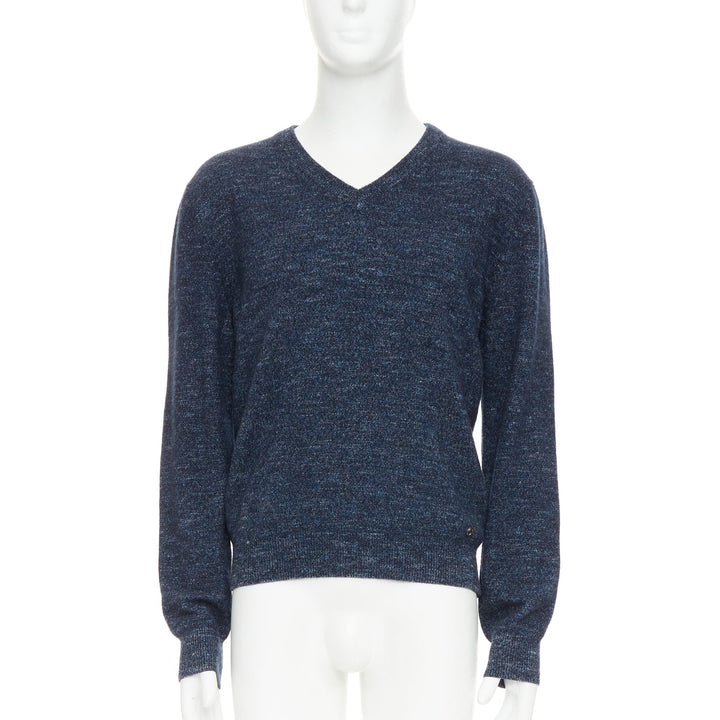 GUCCI navy wool silk cashmere melange V neck GG logo charm sweater L