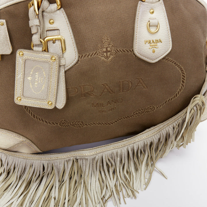 PRADA Canapa Jacquard Logo Cervo Fringe Bowler Corda Talco canvas bag