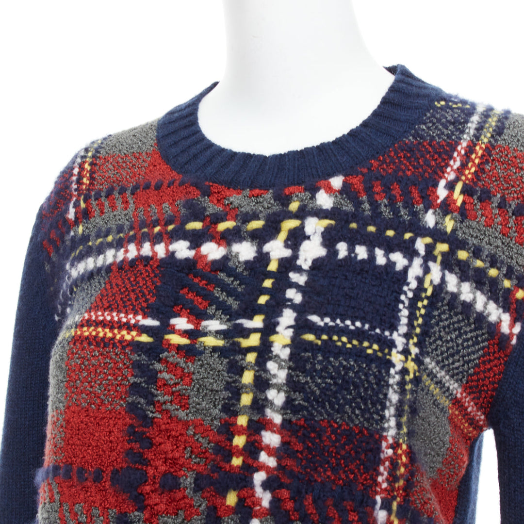 DIOR navy red plaid tartan cashmere silk fringe hem sweater FR36 S