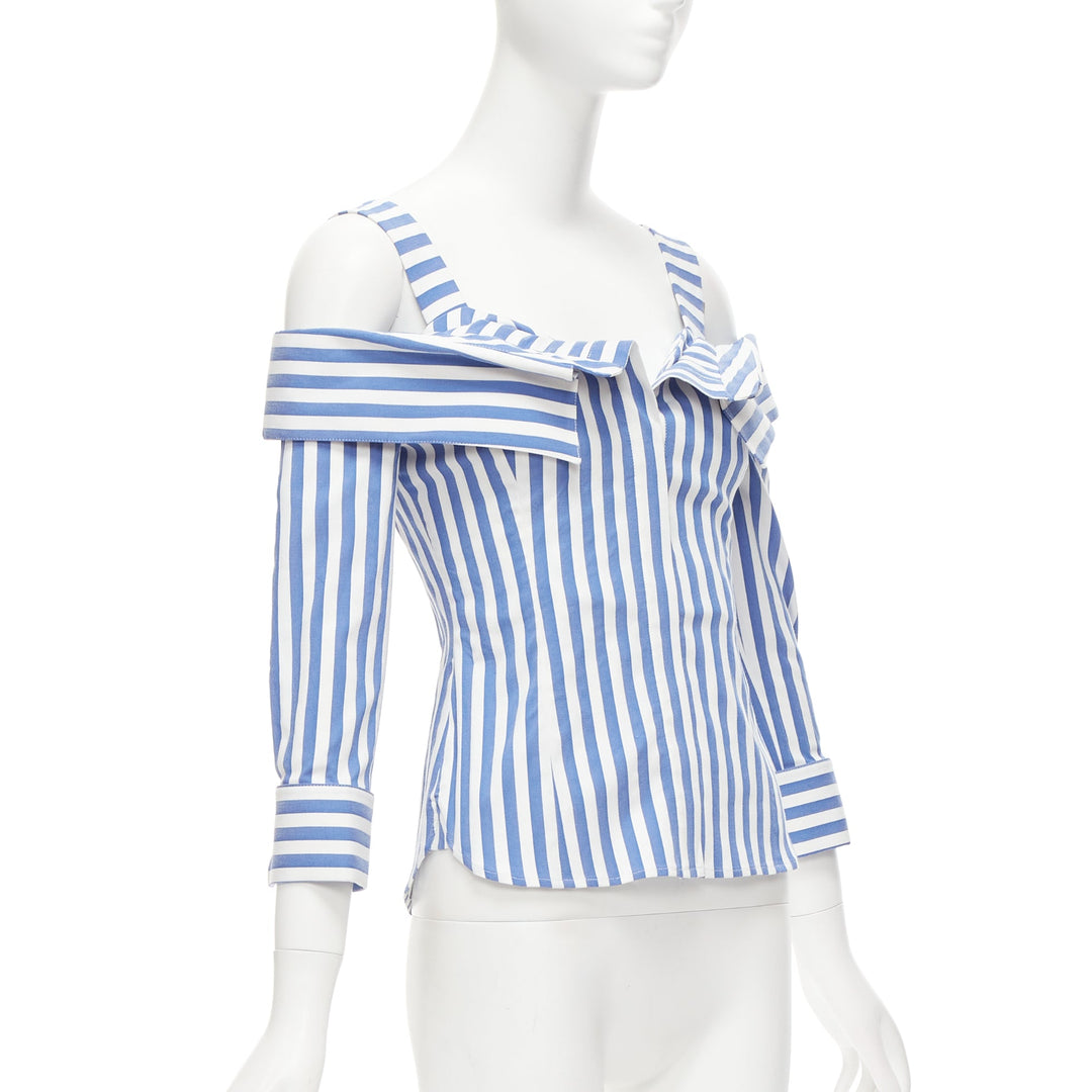 MONSE blue white striped cold shoulder corseted cropped sleeve top US0 XS
