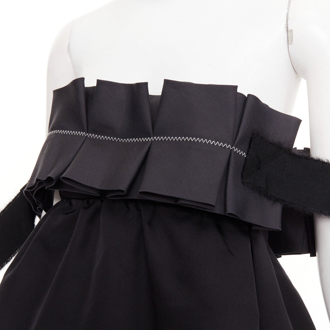 GIAMBATTISTA VALLI black wool strapless ruffled tie sleeve flared dress IT40 XS