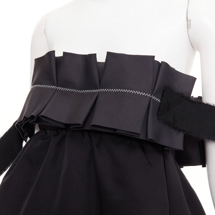 GIAMBATTISTA VALLI black wool strapless ruffled tie sleeve flared dress IT40 XS