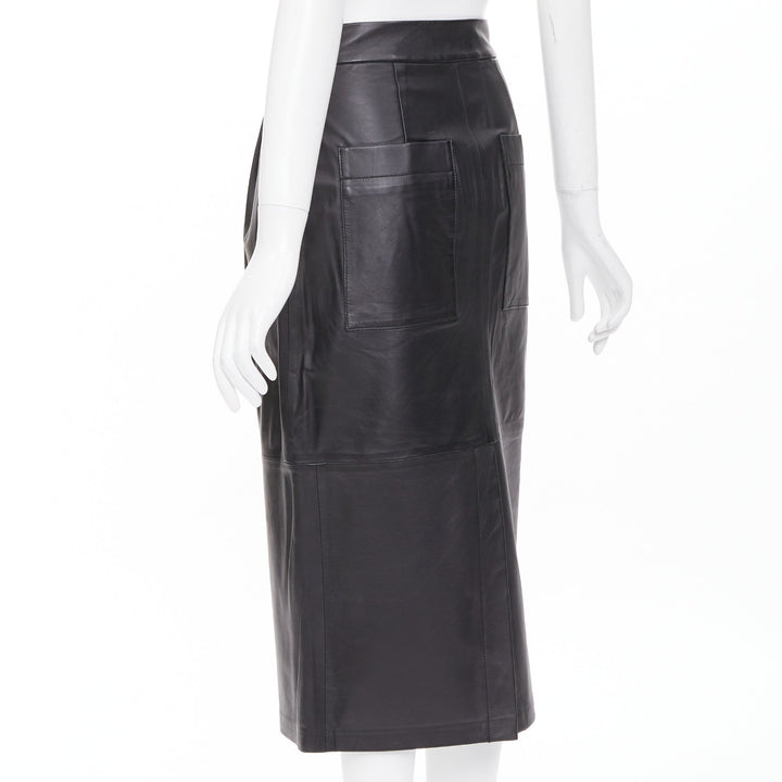 TIBI black lambskin leather pleated front panelled back slit midi skirt US00 XXS