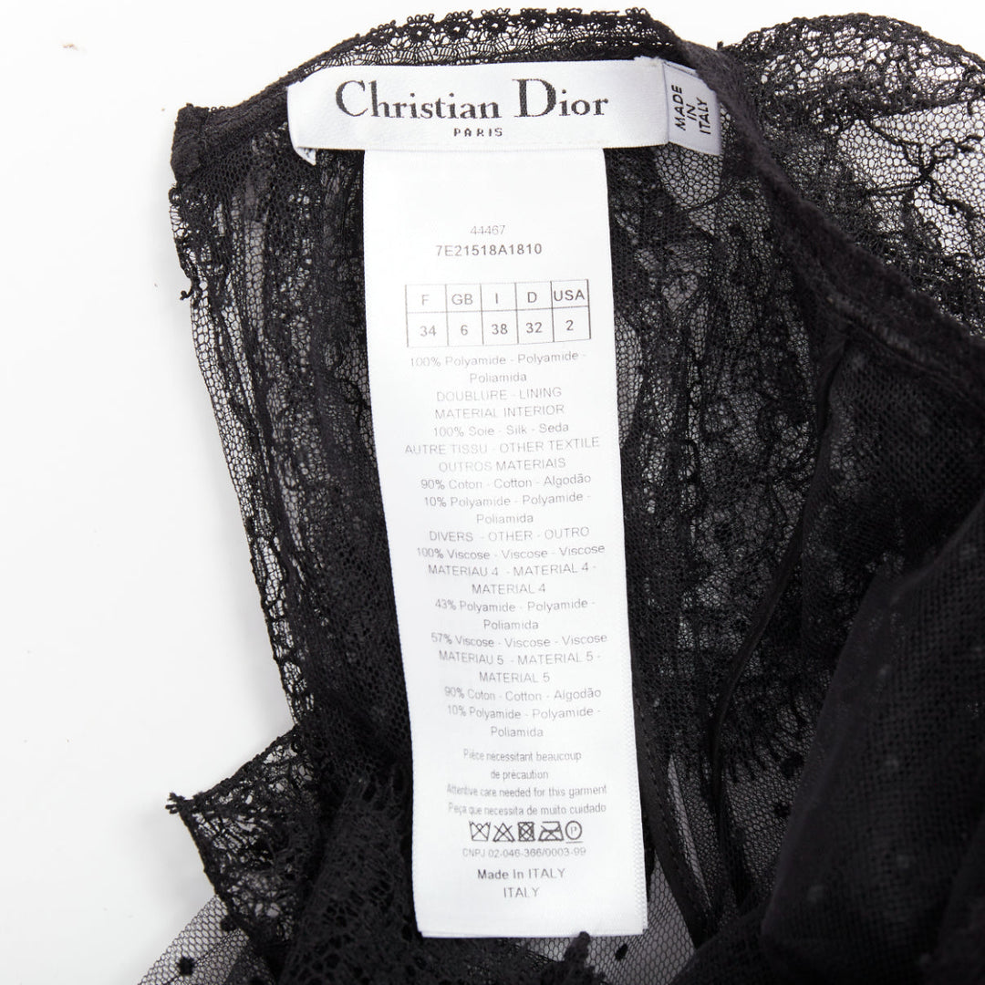 CHRISTIAN DIOR 2017 black sheer polka dot smocked lace Victorian top FR34 XS