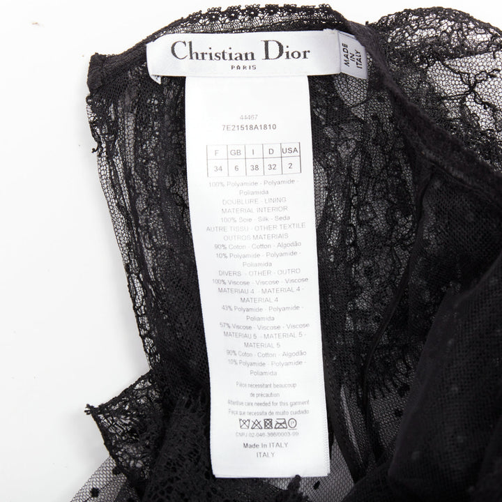 CHRISTIAN DIOR 2017 black sheer polka dot smocked lace Victorian top FR34 XS