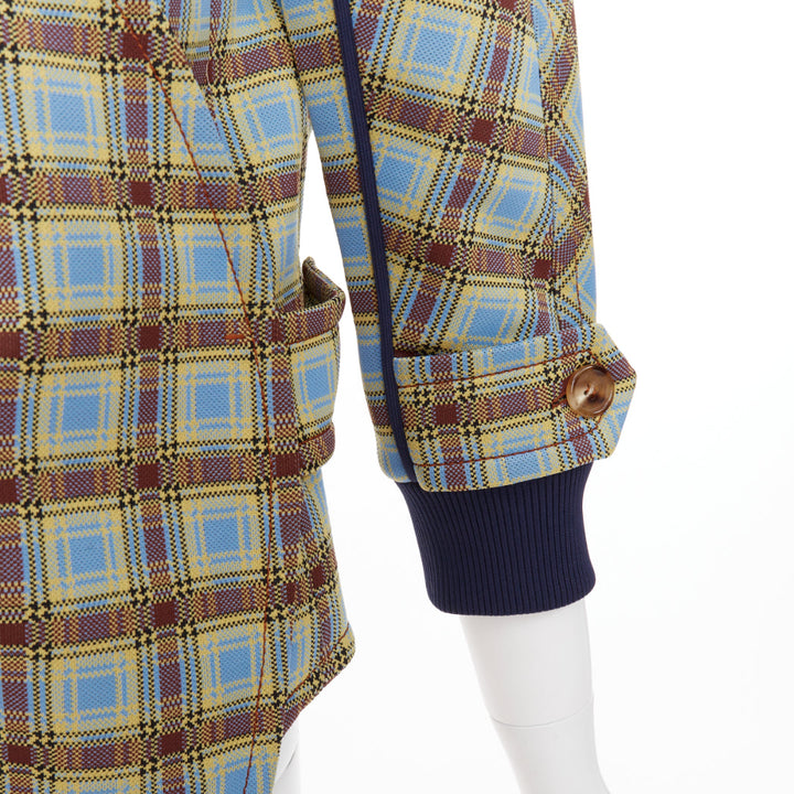 PRADA 2017 Runway blue green check patch drape collar jacket IT38 XS