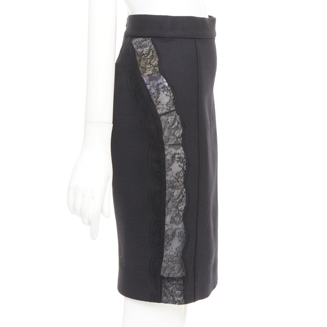 STELLA MCCARTNEY black wool blend lace side panels cut out pencil skirt IT38 XS