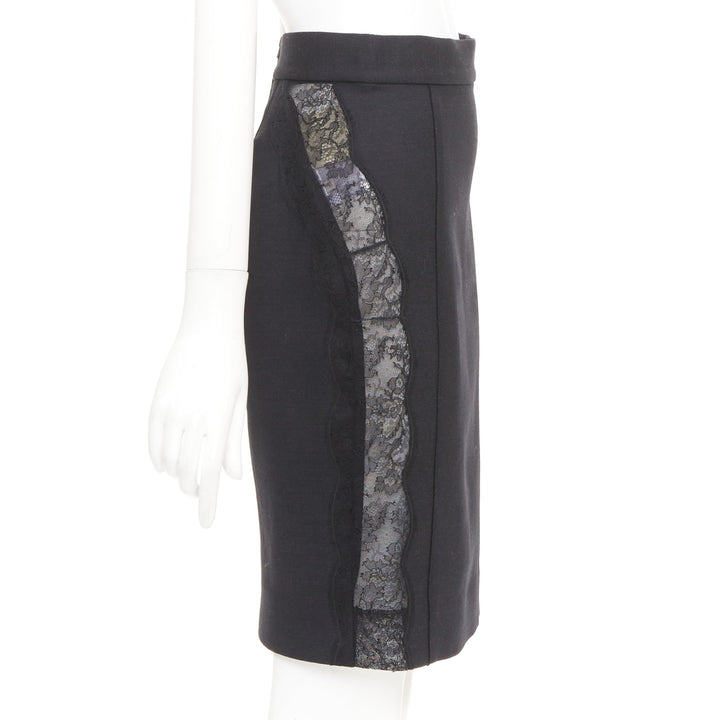 STELLA MCCARTNEY black wool blend lace side panels cut out pencil skirt IT38 XS