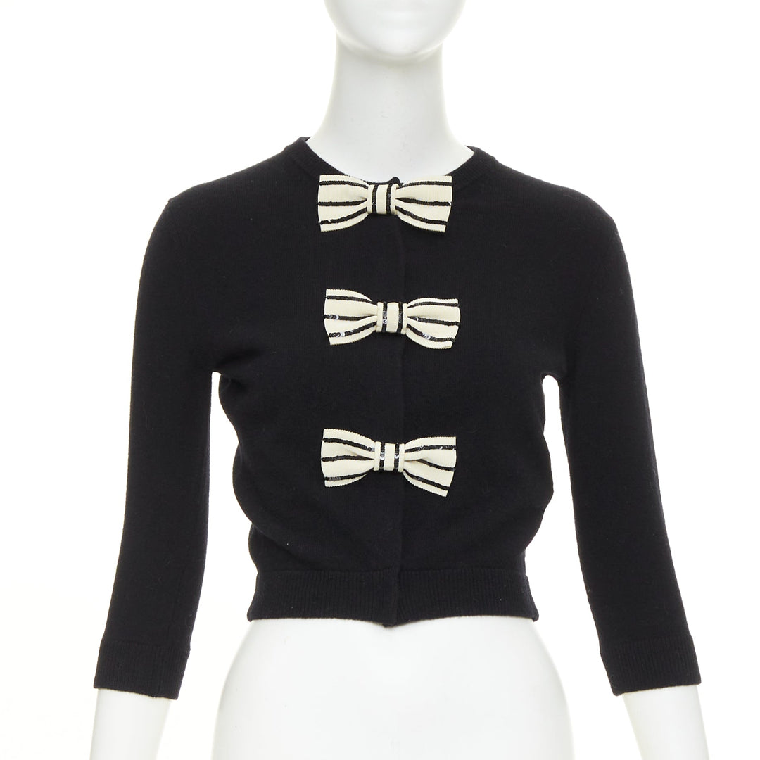 VALENTINO black virgin wool striped sequin trio bow knit cardigan XS
