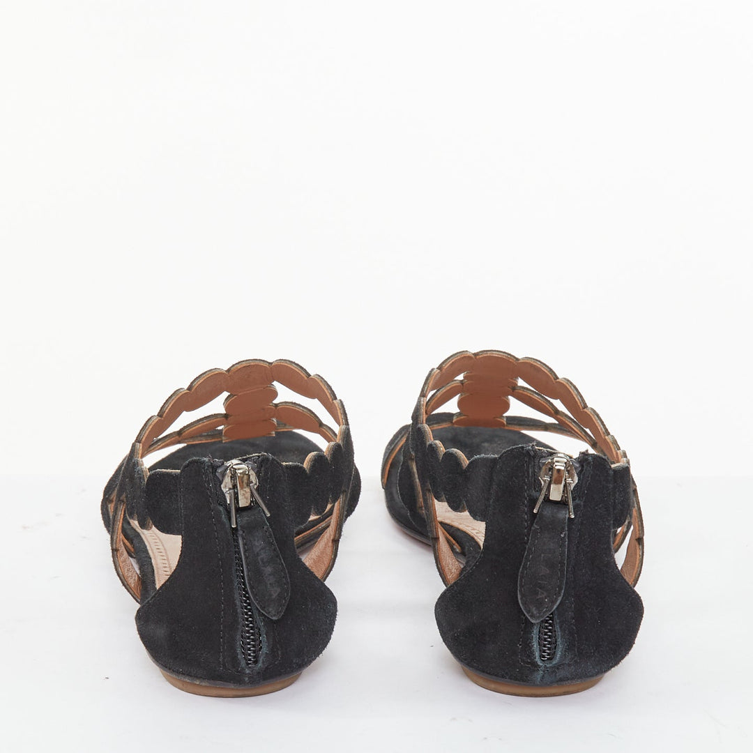 ALAIA 2016 black suede laser cut scalloped cage gladiator open toe sandals EU37