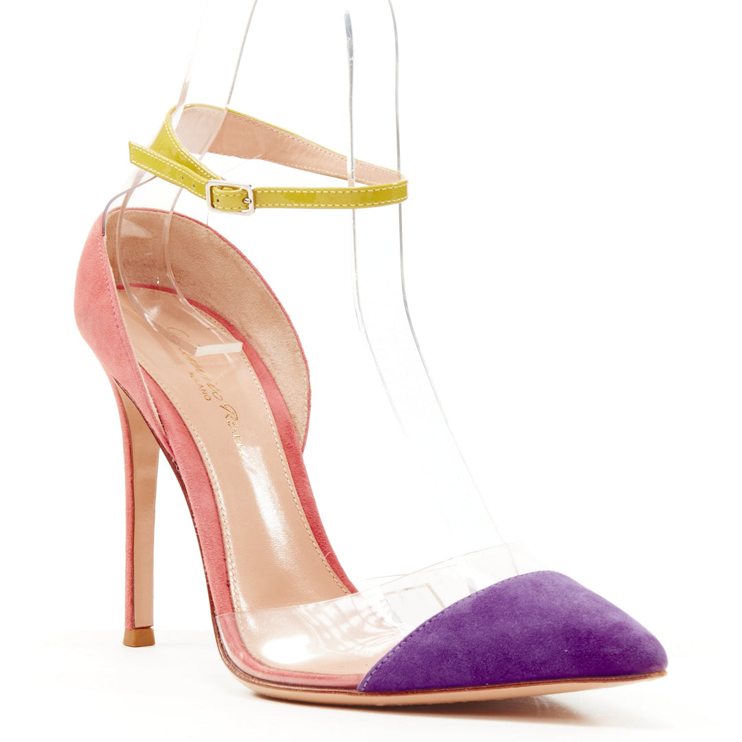 GIANVITO ROSSi Plexi purple pink suede yellow ankle strap PVC pump EU38