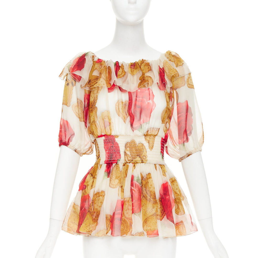 DOLCE GABBANA 2018 Cookie Rose print smocked ruffle sheer silk top IT38 XS