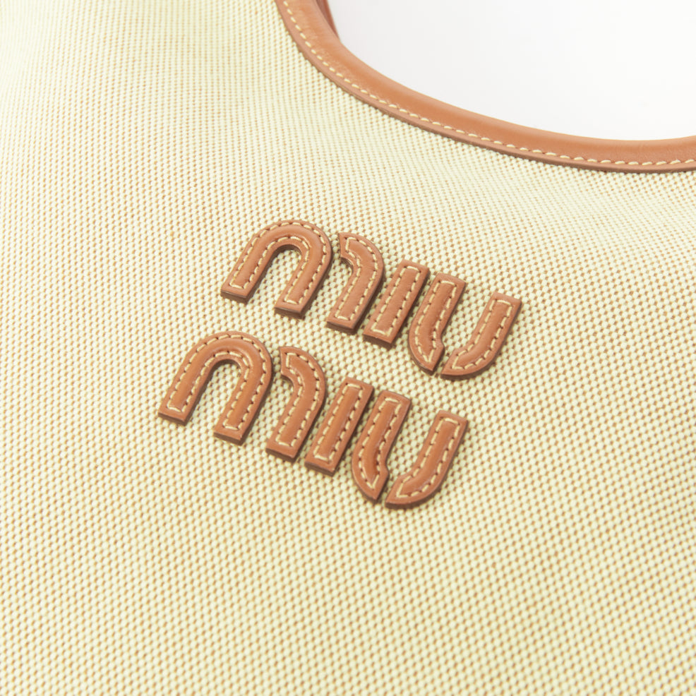 MIU MIU 2023 Ivy beige canvas brandy brown leather trim shoulder tote bag