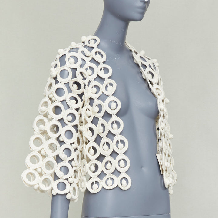 rare MOSCHINO 1980's Vintage cream macrome crochet drop ball crop jacket IT40 S