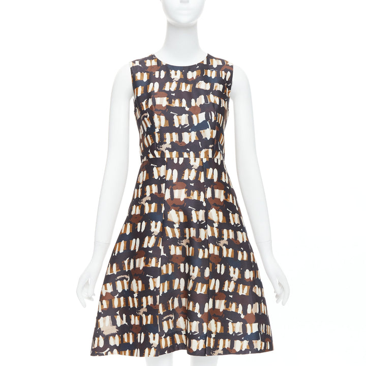 MARNI brown black wool silk abstract print fit flare dress IT38 XS