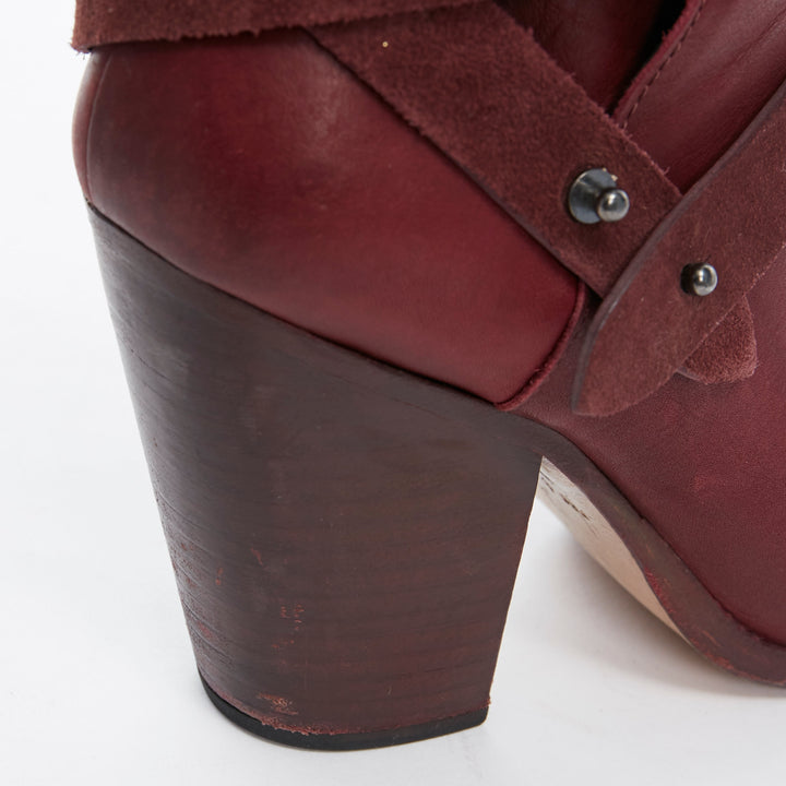 RAG BONE Harrow burgundy red leather stud harness block heel ankle boots EU38.5