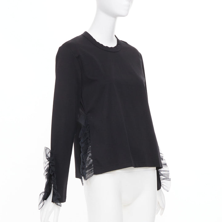 NOIR KEI NINOMIYA 2022 black cotton tulle ruffle trim side cutout blouse shirt M