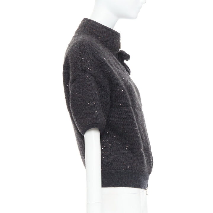 BRUNELLO CUCINELLI Cashmere dark grey sequin padded crop cardigan M