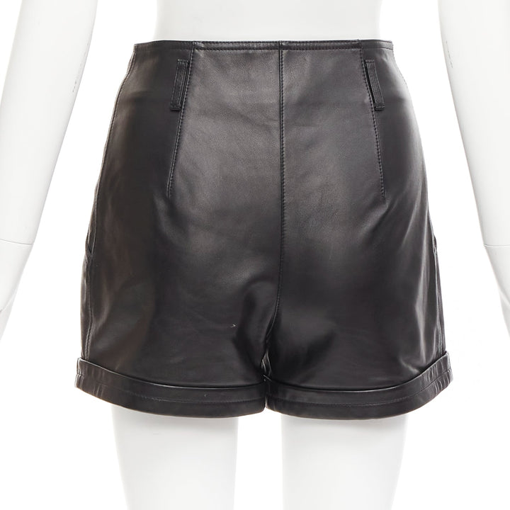 SAINT LAURENT 2020 black lambskin leather high waist pleated wide shorts FR34 XS