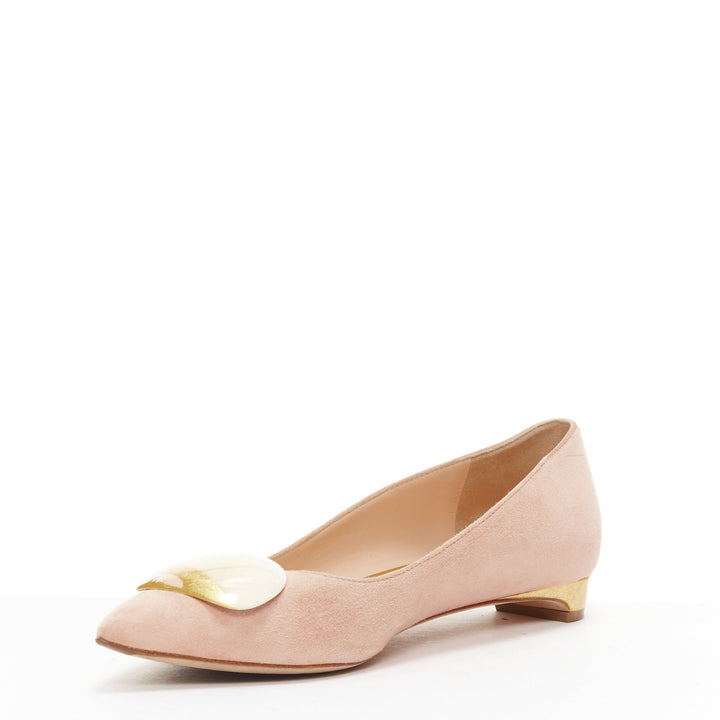 RUPERT SANDERSON pink blush suede nude gold buckles pointy flats EU37
