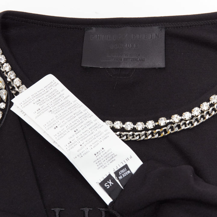 PHILLIP PLEIN black logo embroidery clear crystal fringe embellished tshirt XS