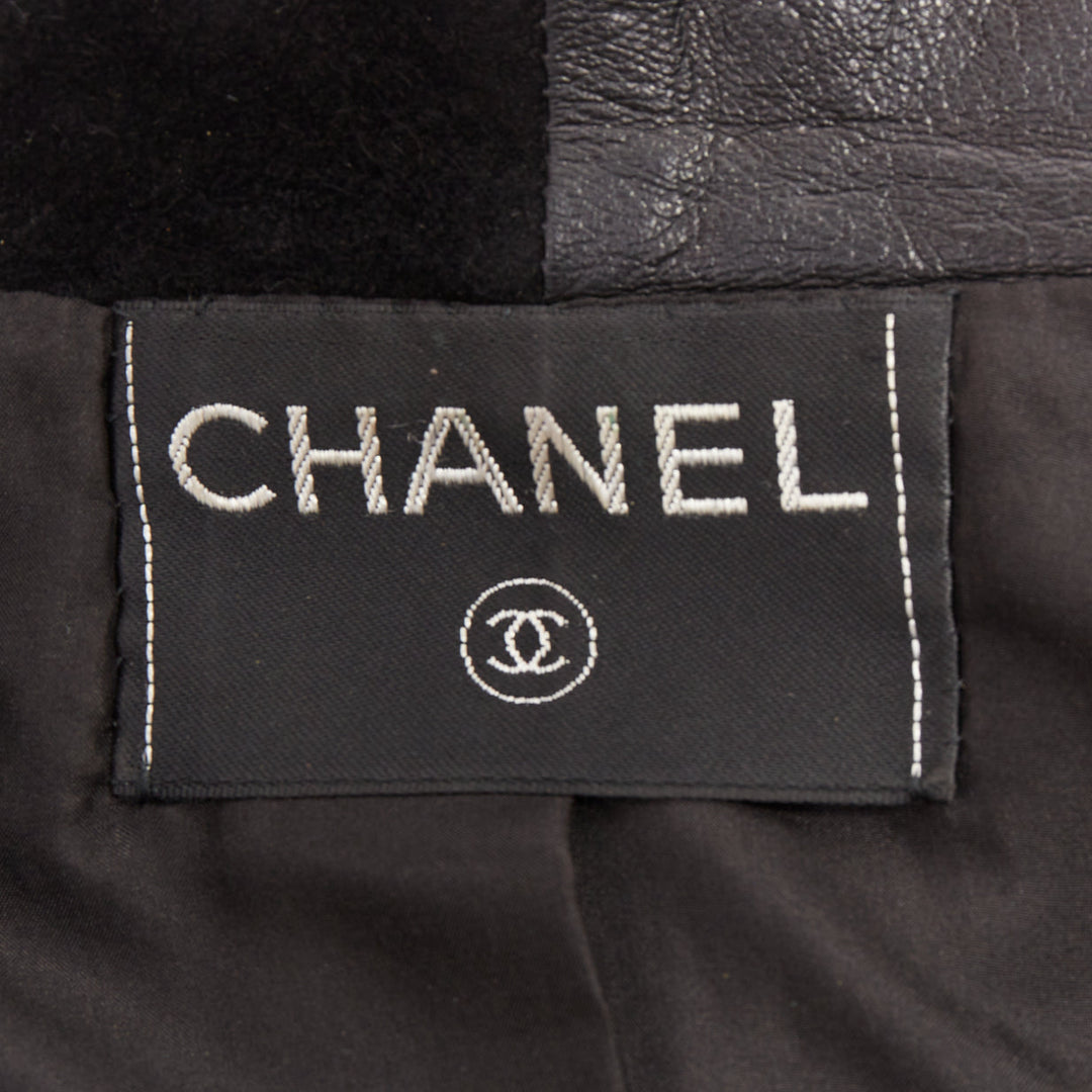 CHANEL Vintage black leather suede checkered patchwork CC blazer jacket