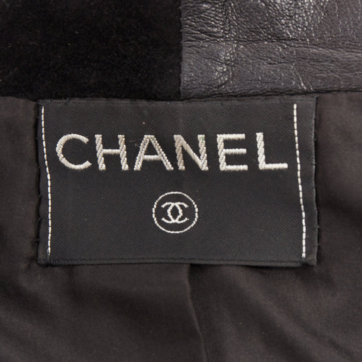 CHANEL Vintage black leather suede checkered patchwork CC blazer jacket