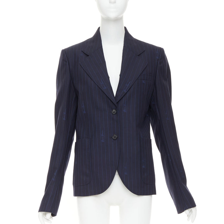 VERSACE navy virgin wool cotton GV Signature pinstripe blazer jacket IT40 S