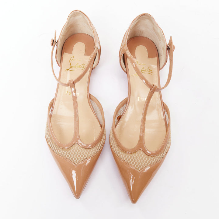 CHRISTIAN LOUBOUTIN 2016 Mrs Early beige patent mesh pointed flats EU37.5