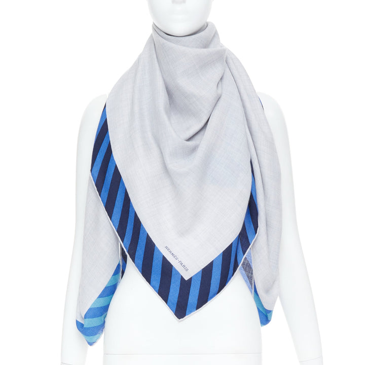 HERMES Encadre Liste au Fil 140cm heather grey marine navy blue stripe shawl